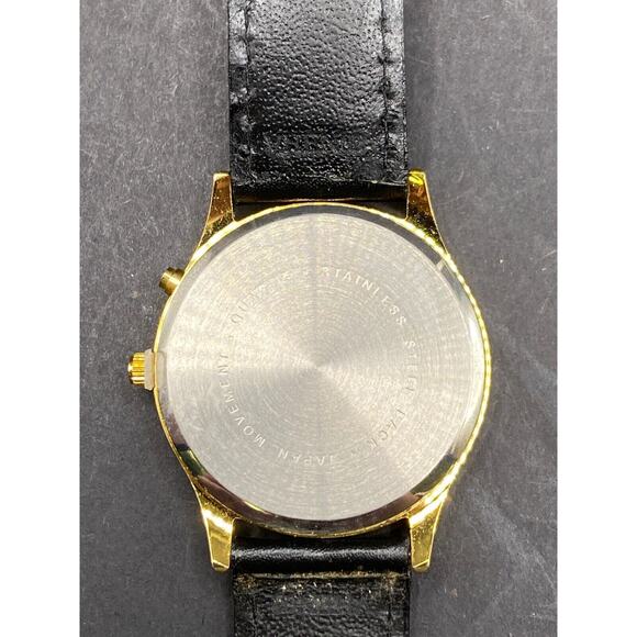 TIME Men's Quartz Wristwatch Gold Tone Stainless Steel Case Black Leather Band - Picture 7 of 9